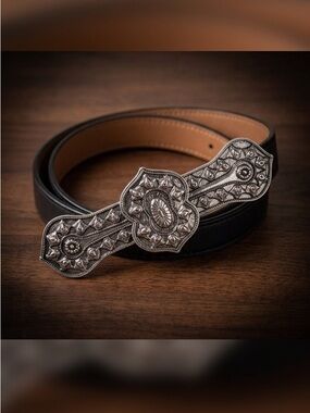Vintage Kudos Black LeatherBelt with Silver Scrollwork Buckle